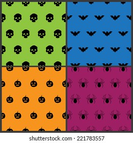 Set of 4 seamless Halloween patterns. Green with skulls, blue with bats, orange with pumpkins and purple with spiders.