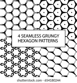 Set of 4 seamless hand-drawn grungy patterns with hexagons