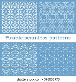 Set of 4 Seamless islamic patterns in arabian style. Stylish graphic monochrome geometric backgrounds collection, line art. Tribal ethnic ornament, vector collection. 
