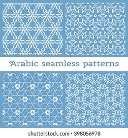 Set of 4 Seamless islamic patterns in arabian style. Stylish graphic monochrome geometric backgrounds collection, line art. Tribal ethnic ornament, vector collection. 