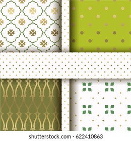 Set of 4 Seamless modern Compatible patterns from trendy White, Golden & Greenery style ornaments. Can be used for wallpaper, surface textures, textile, cover etc.
