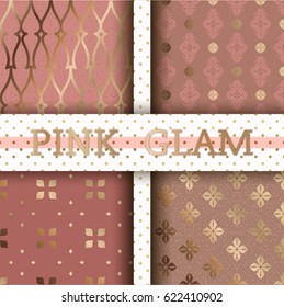 Set of 4 Seamless modern Compatible patterns from Glamor Golden &Pink style ornaments. Can be used for wallpaper, surface textures, textile, cover etc.