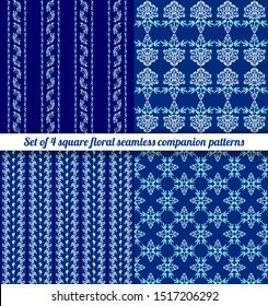 Set of 4 seamless oriental style Damask floral patterns in blue, white colors. Collection of companion fabric designs. Boho ornaments for background, textile or wallpapers. Vector stock illustration.