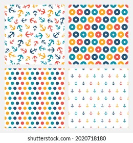 Set of 4 seamless pattern with colorful anchors, circles and dots