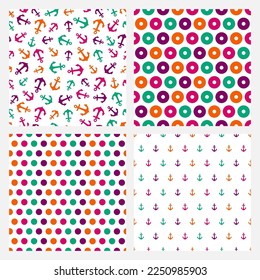 Set of 4 seamless pattern with colorful anchors and dots