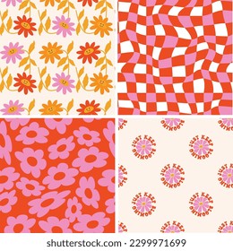 Set of 4 seamless pattern featuring groovy flowers, quotes, checkerboard designs. Perfect for fabric, wallpaper, stationery, craft papers. 