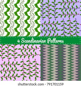 Set of 4 seamless pattern with floral ornament of twigs with red bilberries and blueberries. Vector illustration for your design, textiles, decor, wallpaper, postcards.