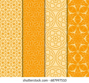 Set of 4 Seamless pattern in geometric floral style. vector illustration. orange color