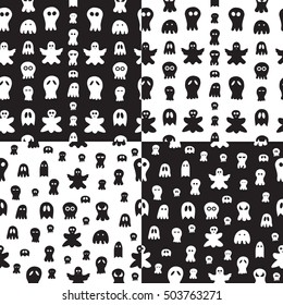 Set of 4 Seamless pattern with ghosts. halloween hand drawn background.