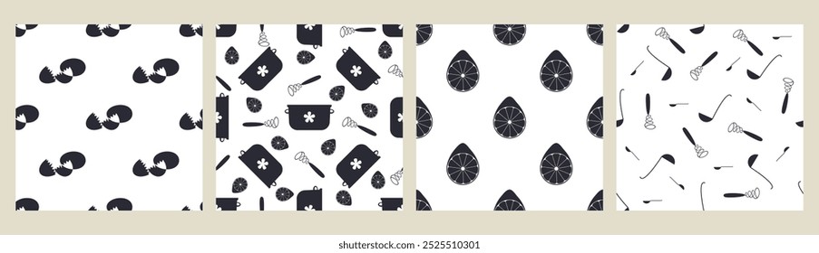 Set von 4 Nahtloses Muster mit Küchenutensilien und Zitronen. Küchenutensilien wiederholen Hintergründe Bündel.