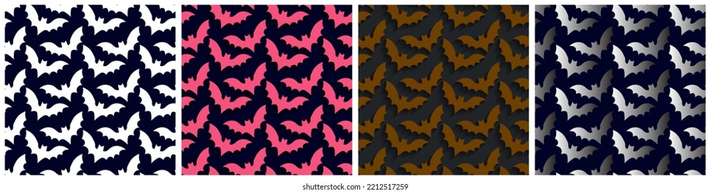 Set of 4 Seamless pattern of pop up flying bat silhouettes with shadows for perspective on dark backgrounds. Pattern of 3d Flying bats. Colorful Halloween pattern collection. Vector Illustration.