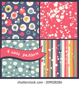 Set of 4 seamless patterns. Abstract bright polka dot patterns, with small splashes and drops.