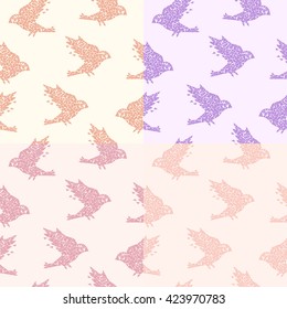 Set of 4 seamless patterns with birds. Colorful birds in geometric mosaic style. Vector illustration of cute birdies in pastel colors. Birdy pattern for home and fashion design. Triangular birds.
