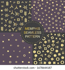 Set of 4 seamless patterns in black and gold colors with geometric elements. Pattern in rich luxury style. Seamless pattern with memphis elements. Pattern is suitable for posters, any prints
