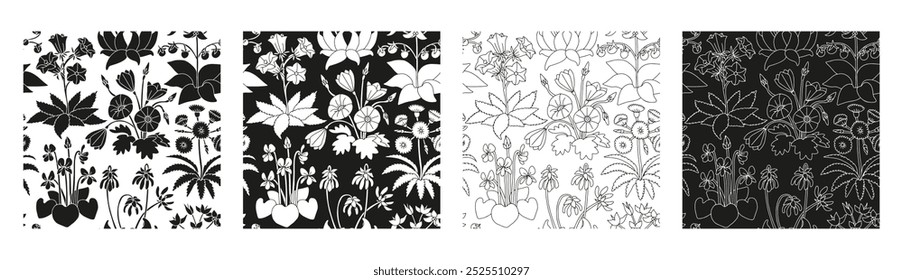 Conjunto de 4 patrones sin fisuras con flores de las islas canarias en blanco y negro en estilo millefleurs. Antiguas Fondo de pantalla floral monocromo