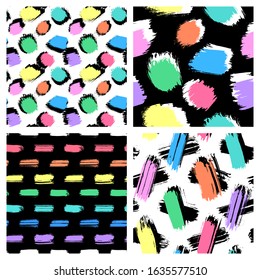 Set of 4 seamless patterns with bright colorful wide brush strokes. Hand drawn textures. Vector wallpapers.