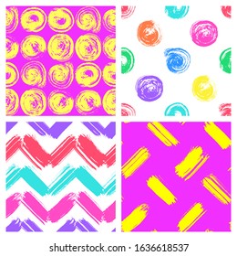 Set of 4 seamless patterns with bright colorful brush strokes. Hand drawn textures. Pop art vector wallpapers.	