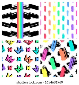 Set of 4 seamless patterns with bright rainbow-colored brush strokes, geometric elements and shapes. Hand drawn textures. Vector wallpapers isolated on white background.	