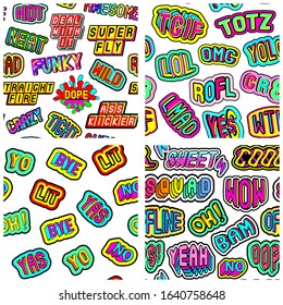 Set of 4 seamless patterns with cartoon, comic style word patches "Whatever”, “Ka-pow””, “Hey”, “Wow”, “Good vibes”, etc. White background. Vector wallpapers.	