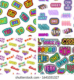 Set of 4 seamless patterns with cartoon, comic style word patches isolated on white background. Vector wallpapers. 	