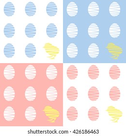 Set of 4 seamless patterns with chicks and eggs. Vector illustration for home and fashion design with small chickens and eggs. Baby shower, invitations, linens, textile. Happy Easter. 