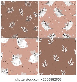 Set of 4 seamless patterns for children's textiles featuring bears, dinosaurs, and simple branches. Inspired by the 2025 color of the year, Mocha Mousse. Perfect for playful, cozy designs.