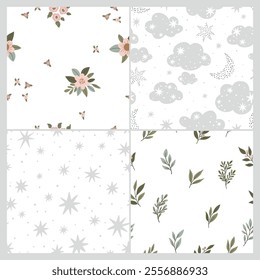 Set of 4 seamless patterns for children's textiles featuring flowers, clouds, stars, and simple branches. Perfect for nursery decor, kids' clothing, bedding, wallpapers, and accessories.