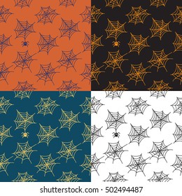 Set of 4 seamless patterns with cobweb. Halloween Vector backgrounds.