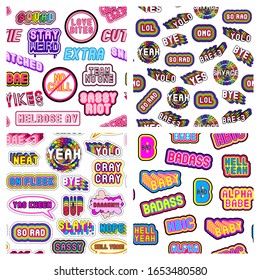 Set of 4 seamless patterns with colorful modern tags, patches with phrases, words. Quirky cartoon comic style of 80-90s. White backgrounds. Vector wallpapers.	