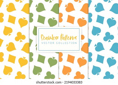 Set of 4 seamless patterns with colorful playing cards suit