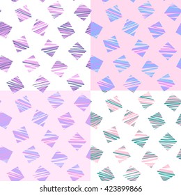 Set of 4 seamless patterns of colorful rhombuses #1. Rhombic seamless pattern. Colorful disrupted geometric elements, striped rhombuses. Multicolored vector illustration design with diamonds.