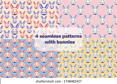 Set of 4 Seamless patterns with cute rabbits and bunnies. Vector stock illustration, bunny for animated, easter, greeting cards, Cartoon character isolated on white background.