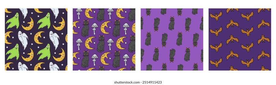 Set of 4 Seamless patterns with cute hand drawn Halloween motifs. Line art spooky repeat background.