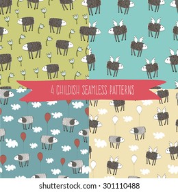 Set of 4 Seamless Patterns with cute lambs wit wings and baloon in clouds and in grass made in vector. Hand drawn illustration. Bright childish background.