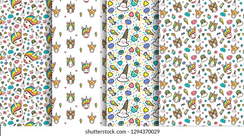 set 4 seamless patterns with decorative with cute faces of unicorns, ice cream, stars, hearts, donut, rainbow, crowns, cupcake. Dreaming unicorns in bright colors