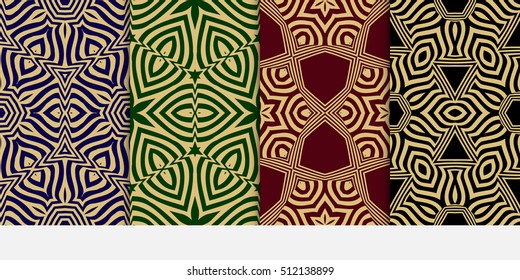 set of 4 seamless patterns. Ethnic gold geometric pattern on black, burgundy, blue, green backgrounds. optical illusion. vector illustration. for interior design, printed, wallpaper, fashion