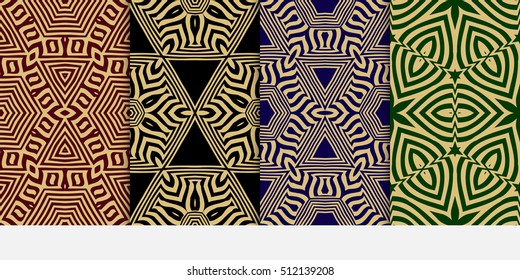 set of 4 seamless patterns. Ethnic gold geometric pattern on black, burgundy, blue, green backgrounds. optical illusion. vector illustration. for interior design, printed, wallpaper, fashion