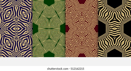 set of 4 seamless patterns. Ethnic gold geometric pattern on black, burgundy, blue, green backgrounds. optical illusion. vector illustration. for interior design, printed, wallpaper, fashion