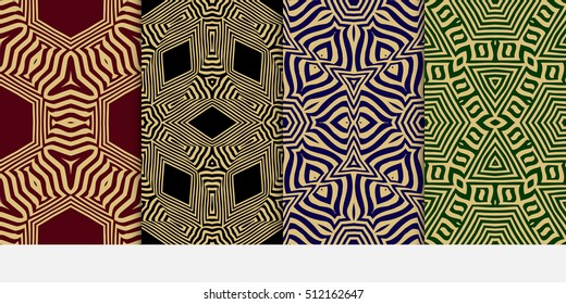 set of 4 seamless patterns. Ethnic gold geometric pattern on black, burgundy, blue, green backgrounds. optical illusion. vector illustration. for interior design, printed, wallpaper, fashion