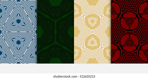 set of 4 seamless patterns. Ethnic geometric pattern on green, burgundy, blue, gold backgrounds. optical illusion. vector illustration. for interior design, printed, wallpaper, fashion