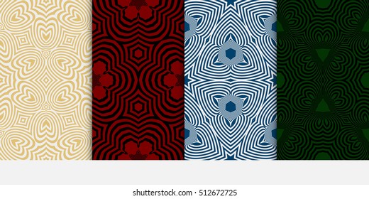 set of 4 seamless patterns. Ethnic geometric pattern on green, burgundy, blue, gold backgrounds. optical illusion. vector illustration. for interior design, printed, wallpaper, fashion