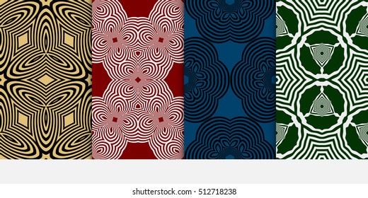 set of 4 seamless patterns. Ethnic geometric pattern on green, burgundy, blue, gold backgrounds. optical illusion. vector illustration. for interior design, printed, wallpaper, fashion