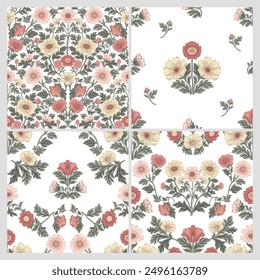 A set of 4 seamless patterns featuring folk art design elements with flowers on a white background. Ideal for fabric printing, wallpapers, gift wrap, and home decor, adding a traditional, 
