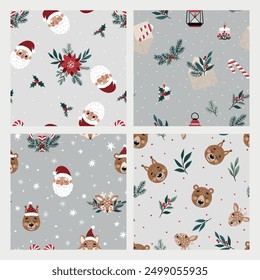 A set of 4 seamless patterns featuring cute Christmas gnomes, bears, foxes, and Christmas attributes on a white background. Ideal for textiles, scrapbooking paper, and cards