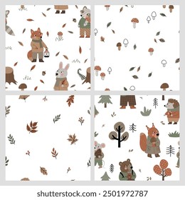 
A set of 4 seamless patterns featuring raccoons, foxes, hedgehogs, squirrels, leaves, and mushrooms on a white background. Perfect for children's textiles, scrapbooking paper, greeting cards