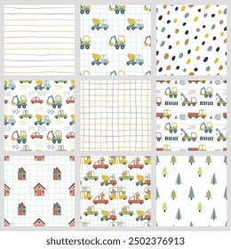 A set of 4 seamless patterns featuring cute kids' cars and trucks on a white background. Hand-drawn baby transport design, ideal for children's textiles, nursery decor, and fabric printing projects.