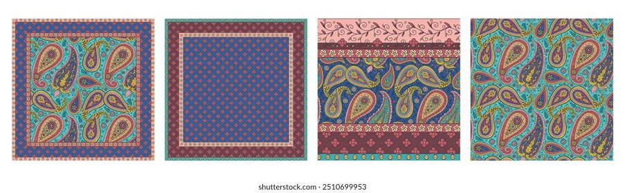 Set of 4 seamless patterns with floral Indian paisley motifs. Ethnic botanical scarf designs