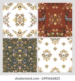 
A set of 4 seamless patterns with folk art elements featuring deer and flowers on a dark background. Perfect for textiles, wallpaper, gift wrap, and home decor with a Scandinavian traditional motif.