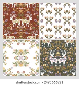 
A set of 4 seamless patterns with folk art elements featuring deer and flowers on a dark background. Perfect for textiles, wallpaper, gift wrap, and home decor with a Scandinavian traditional motif.