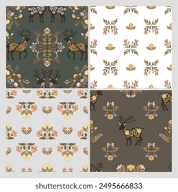 
A set of 4 seamless patterns with folk art elements featuring deer and flowers on a dark background. Perfect for textiles, wallpaper, gift wrap, and home decor with a Scandinavian traditional motif.